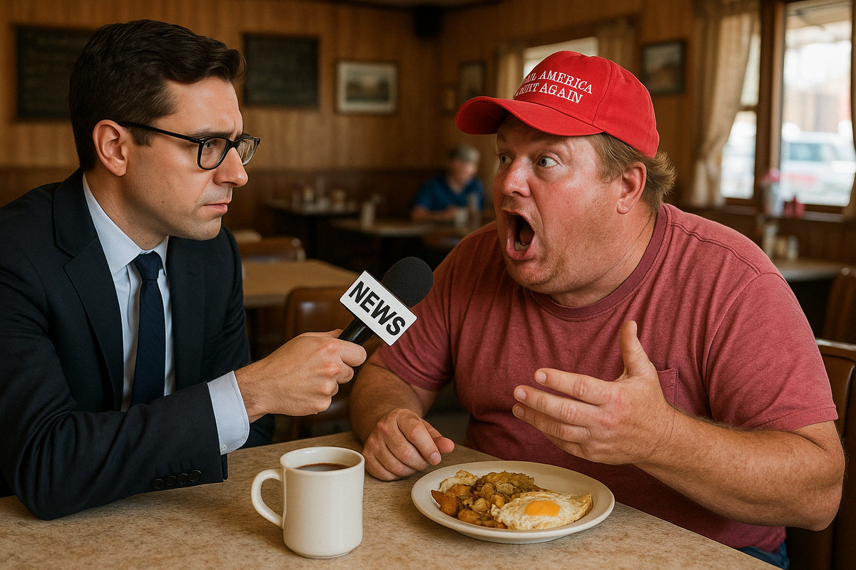 An AI generated image of a reporting interviewing a man at a diner wearing a MAGA hat.