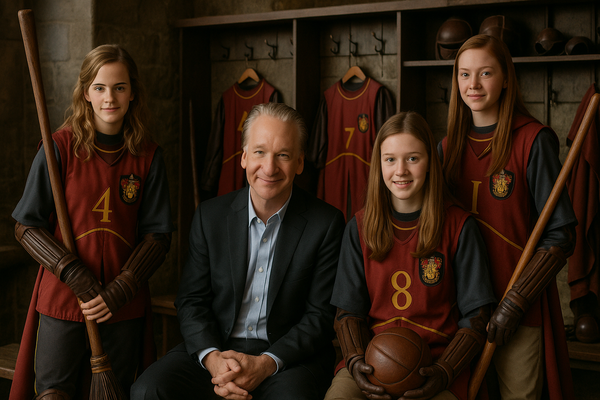 An AI generated image of a man that looks similar to Bill Maher is in a Hogwarts-like locker room with three female quidditch players.
