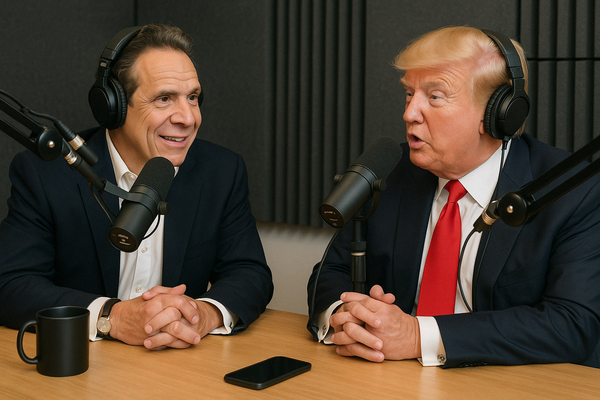 A computer generated image of men that are not Andrew Cuomo and Donald Trump sit in a recording booth with microphones.