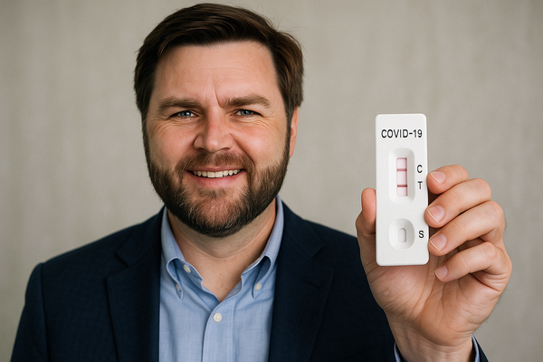 A computer generated image of a man that is not JD Vance holds up a positive COVID test while smiling.