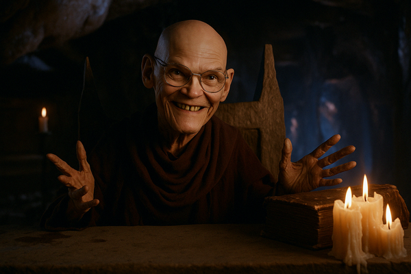 A computer generated image a man that is not James Carville blended with the Cryptkeeper grins into the camera on a table with candles and book in a cave.