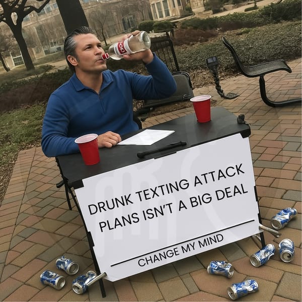 A computer generated image of a man that is not Pete Hegseth is cast in the "Change My Mind" meme while drinking vodka and beer cans litter the ground.