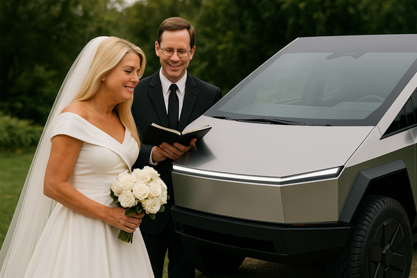 A computer generated image of a woman that is not Pam Bondi wearing a white wedding dress next to a Tesla Cybertruck while a man officiates their wedding.