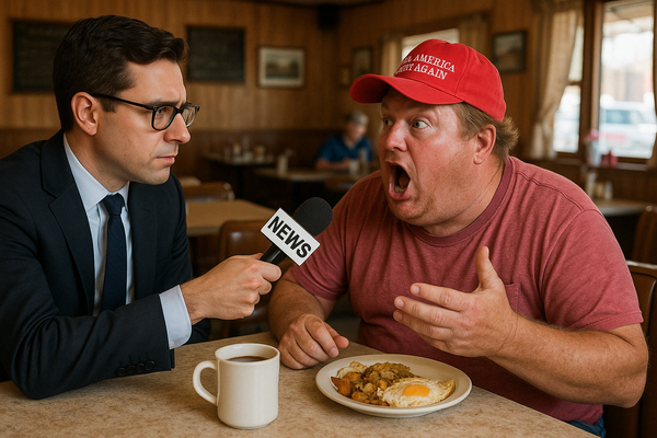 An AI generated image of a reporting interviewing a man at a diner wearing a MAGA hat.